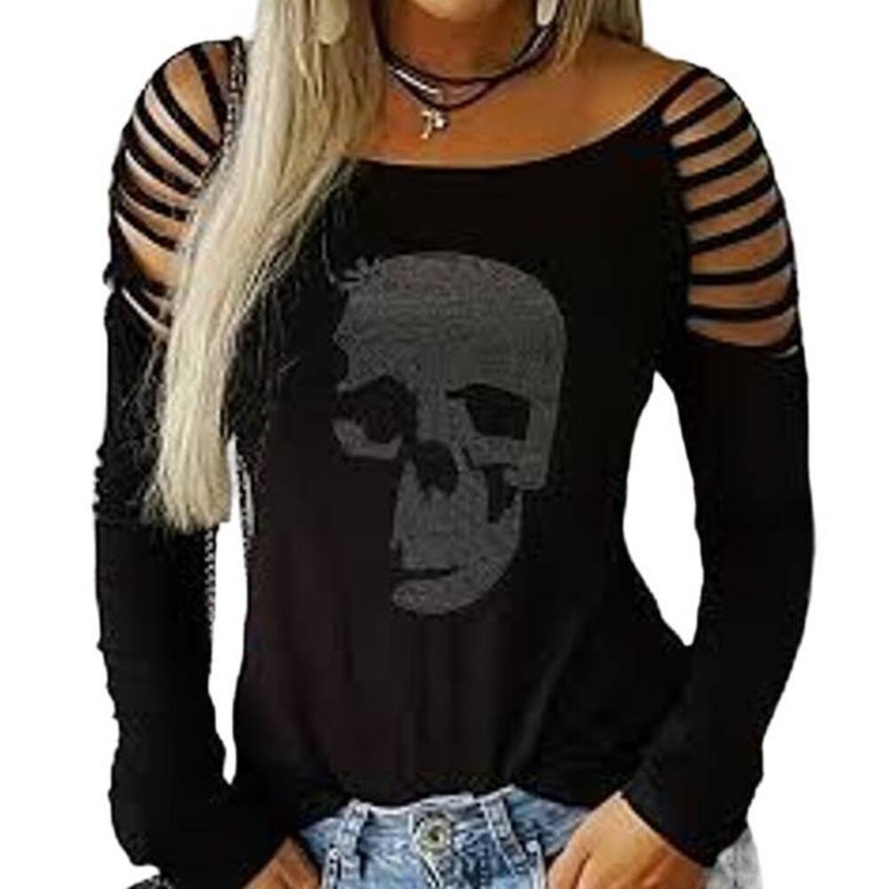 NWT CBR Rhinestone Studded Skull Cut Out Strappy Cold Shoulder Top Sz S/M Black